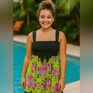 Vintage Betsey Johnson green Rose Swim dress cover up OS